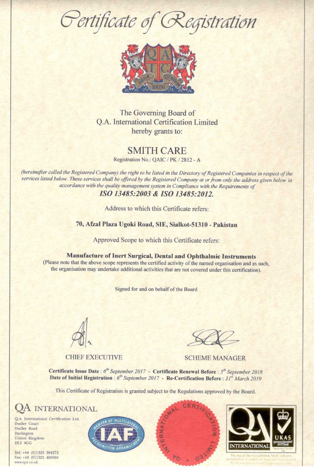 Smithcare Certificate 13485