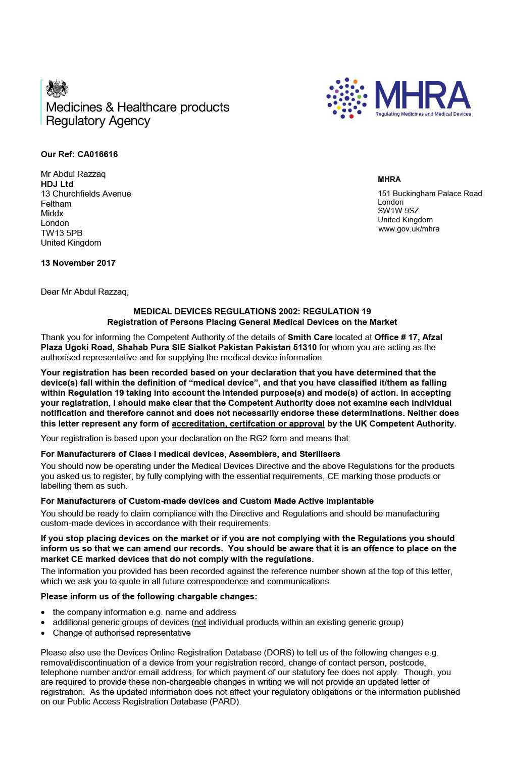 Smithcare CE Certificate